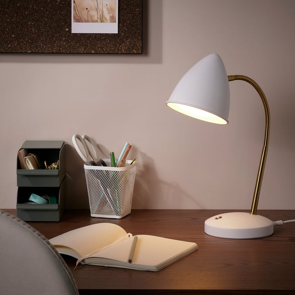 ISNÅLEN LED work lamp, white/brass-colour