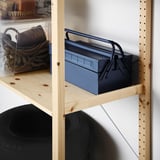 Wooden shelf with metal toolbox and rope basket. Adjustable shelves.