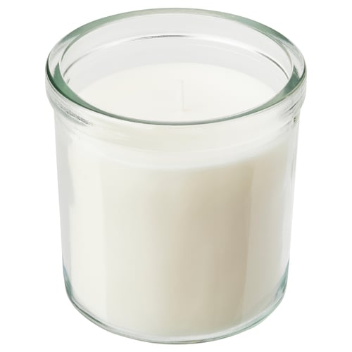 JÄMLIK candle: off-white wax, clear glass, cylindrical shape, simple design.