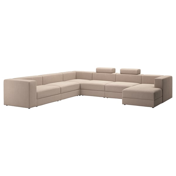 JÄTTEBO U-shaped sofa, 7-seat, with chaise longue, right with headrests/Samsala grey-beige