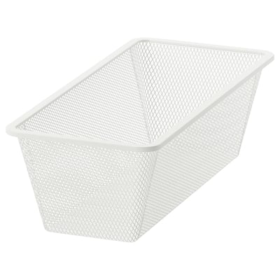 A white JONAXEL mesh storage basket, rectangular and open-topped, made of coated steel, designed for organising and air circulation.