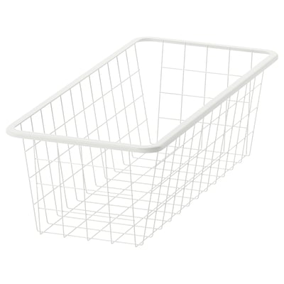 A white JONAXEL wire storage basket. Its rectangular with a grid design and is perfect for organising clothes or accessories.
