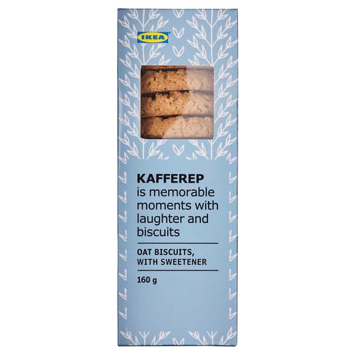 Light blue box with white leaf design, featuring oat biscuits, ikea logo, KAFFEREP branding, and is memorable moments with laughter and biscuits text.