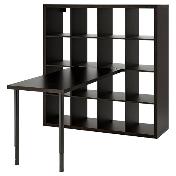 KALLAX dark brown shelf desk combo, angular, adjustable legs.