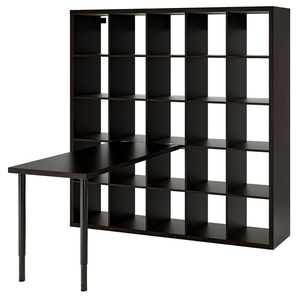 An ikea KALLAX black bookshelf with an attached table.