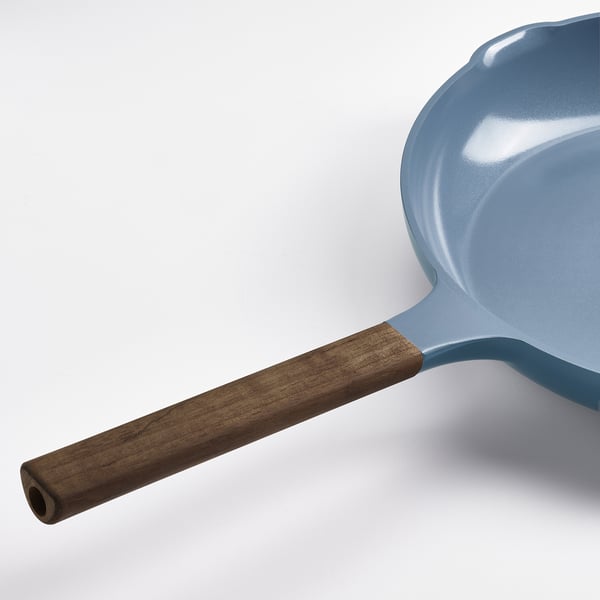 KLIPPFISK Frying pan, non-stick coating/wood dark grey-blue, 28 cm