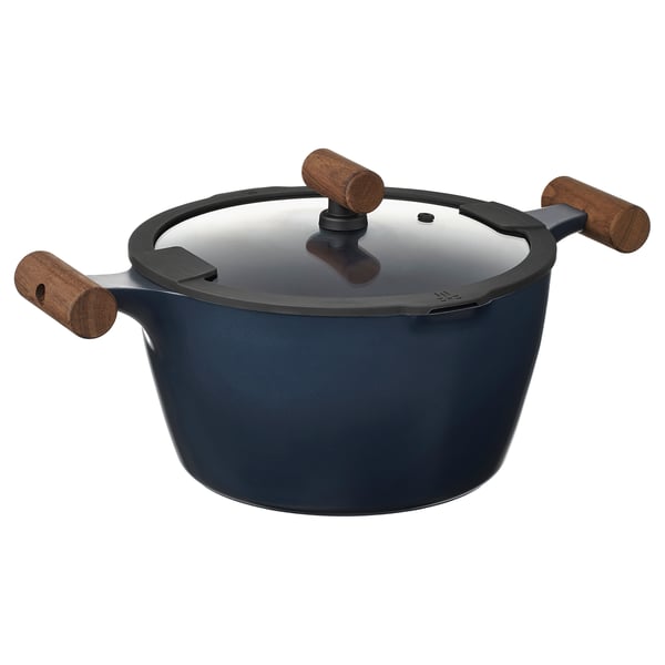 KLIPPFISK Pot with lid, non-stick coating glass/wood black-blue, 5 l
