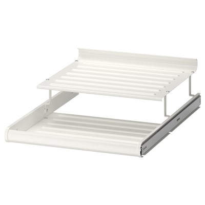 Metal sliding shoe rack with two tiers for easy access.