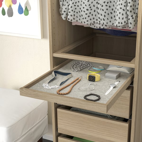 KOMPLEMENT Pull-out tray with drawer mat, white stained oak effect/light grey, 50x58 cm