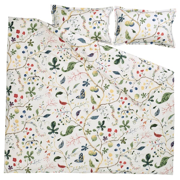 KRONBUSKE bedding set with white & floral patterns, comforter & pillowcases, 57% cotton, 43% lyocell.