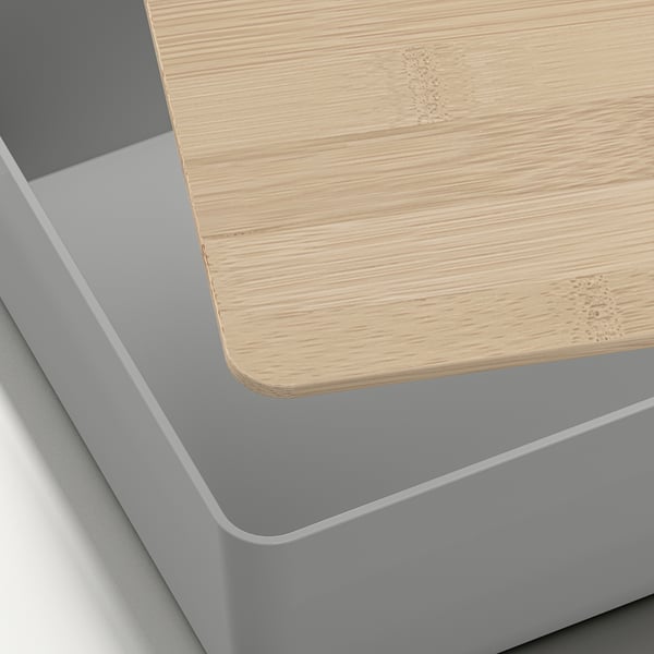 KUGGIS Box with lid, light grey/bamboo, 18x26x8 cm