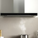 Modern kitchen hood with touch controls, led lighting, and stainless-steel design.