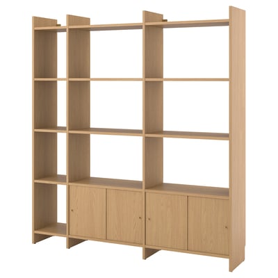 LÅDMAKARE Storage combination w sliding doors, with 11 shelves/oak effect, 198x35x212 cm