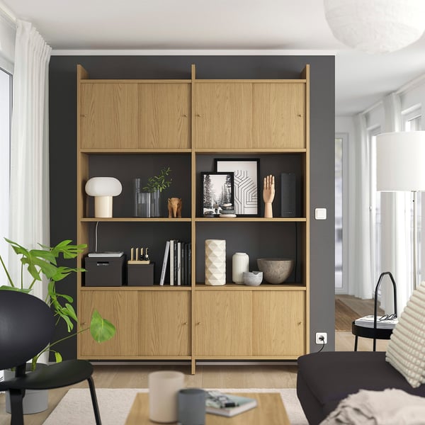 LÅDMAKARE Storage combination w sliding doors, with 2 shelves/oak effect, 159x35x212 cm