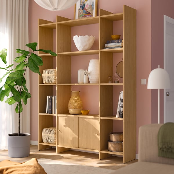 LÅDMAKARE Storage combination w sliding doors, with shelves/oak effect, 158x35x212 cm