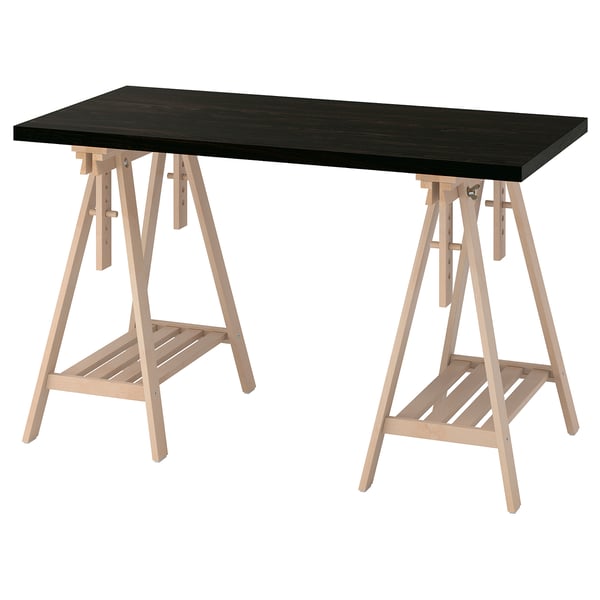 LAGKAPTEN: black rectangular tabletop on light beige trestles; modern, sturdy design.