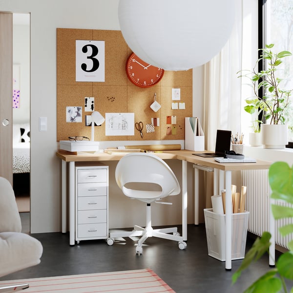 LAGKAPTEN / LINNMON L-shaped desk, white stained oak effect/white, 140x160 cm
