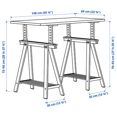 LAGKAPTEN desk: grey top, birch trestle legs, adjustable tilt, quality feel.