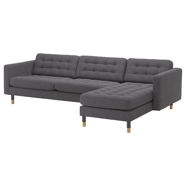 LANDSKRONA 4-seat sofa, with chaise longue/Gunnared dark grey/wood
