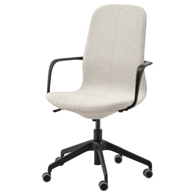 LÅNGFJÄLL office chair, light grey fabric, black frame, five wheels, armrests, high back, ergonomic design.