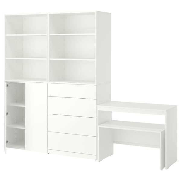 White LASTARE storage set, shelves, drawers, desk, minimalist.