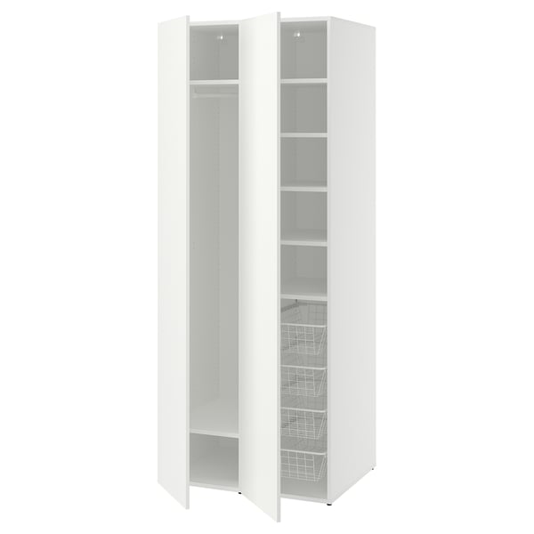 A white LASTARE wardrobe with open doors, revealing multiple shelves and pull-out wire baskets.