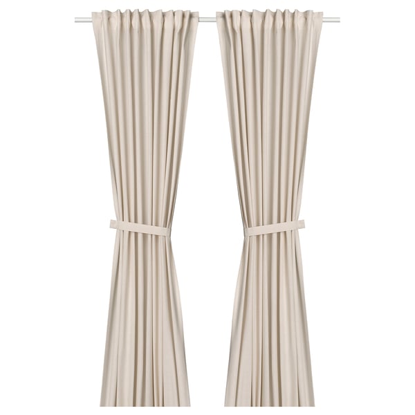LENDA Curtains with tie-backs, 1 pair, off-white/with heading tape, 140x250 cm