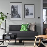 Modern living room with dark grey sofa, green pillows, photos, coffee table, books, plant.