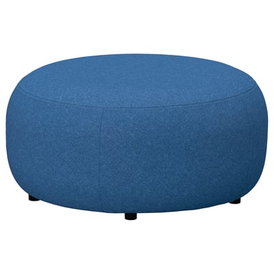 Round blue ottoman, modern design, fabric cover, wooden legs.