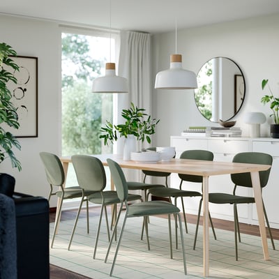 LISABO / VIHALS Table and 6 chairs, ash/green Tibbleby grey-green, 200x78 cm