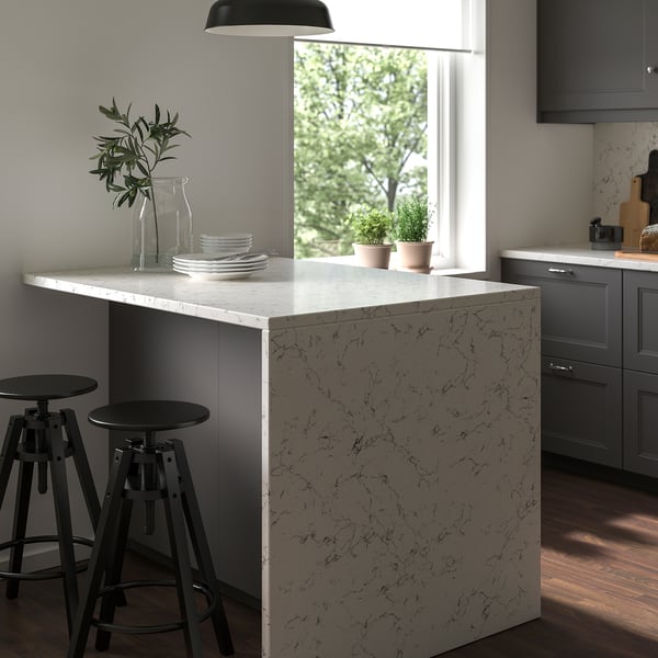 LOCKEBO Custom made worktop, off-white grey marble effect/glass composite, 1 m²x2.0 cm