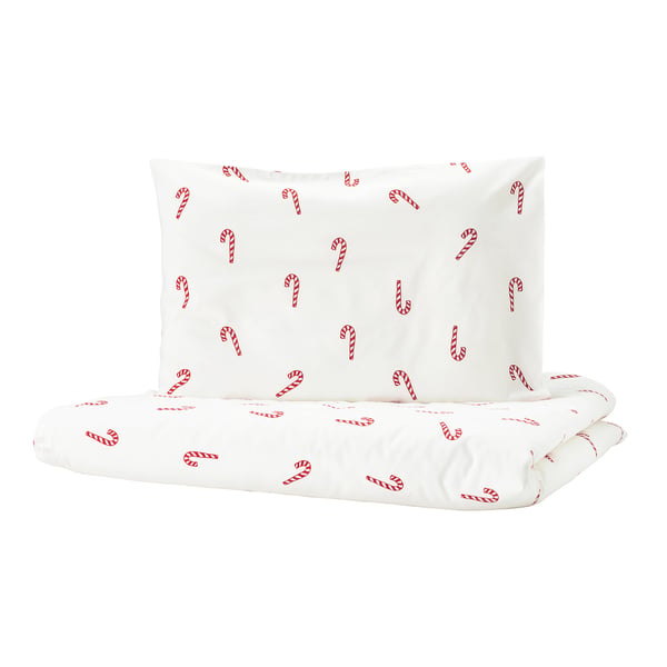 LÖVSÅNGARE Duvet cover 1 pillowcase for cot, candy cane pattern, 110x125/35x55 cm