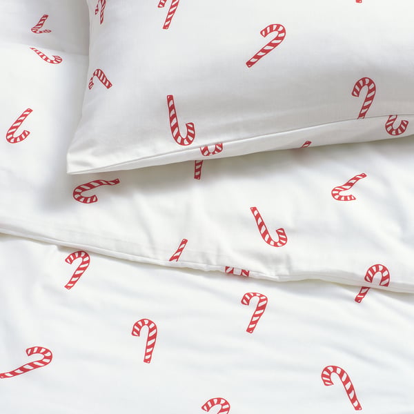 LÖVSÅNGARE Duvet cover 1 pillowcase for cot, candy cane pattern, 110x125/35x55 cm