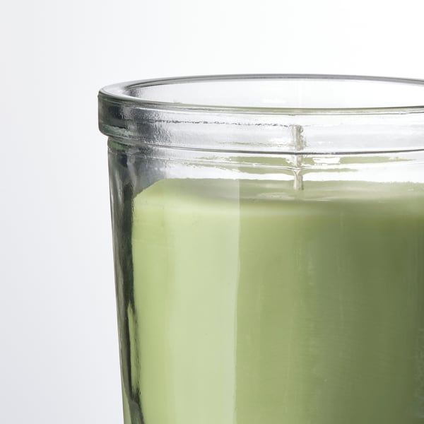 LÖVSKOGSLUND Scented candle in glass, Apple/light green, 20 hr