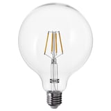Ikea LUNNOM light bulb, clear with warm white led light, spherical shape.