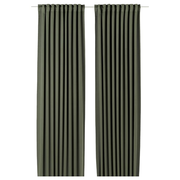 MAJGULL Block-out curtains, 1 pair, dark green/with heading tape, 145x250 cm