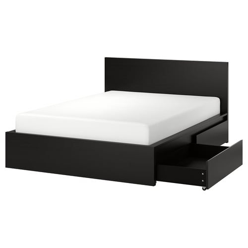 Modern black bed with sleek headboard, rectangular shape, and one visible drawer on the right for storage. Perfect for contemporary bedrooms.