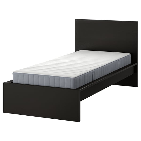 MALM Bed frame with mattress, black-brown/Valevåg extra firm, Single
