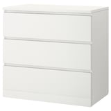 MALM white chest 3-drawer, sleek design, wall-anchored for safety.
