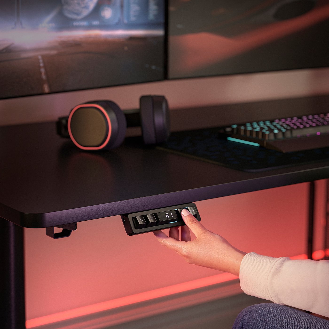 MÅLOMRÅDE Gaming desk sit/stand - with monitor arms/electric black 180x80 cm