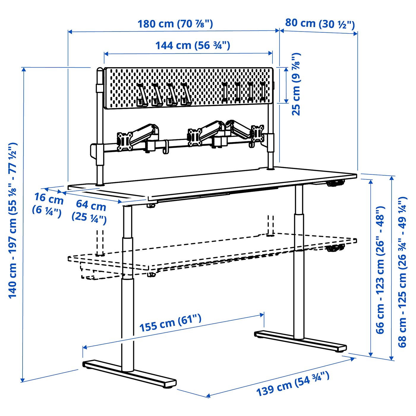 MÅLOMRÅDE Gaming desk sit/stand - with monitor arms/electric black 180x80 cm