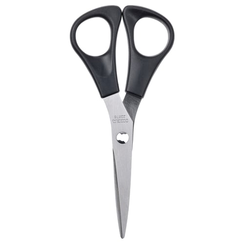 Black scissors with plastic handles and stainless steel blades, designed for both right and left-handed users.