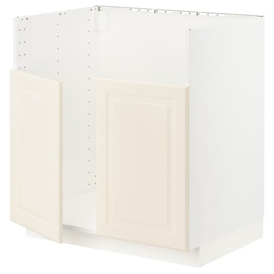 White kitchen cabinet, traditional design, bevelled edges, metal hinges, 18mm thick.
