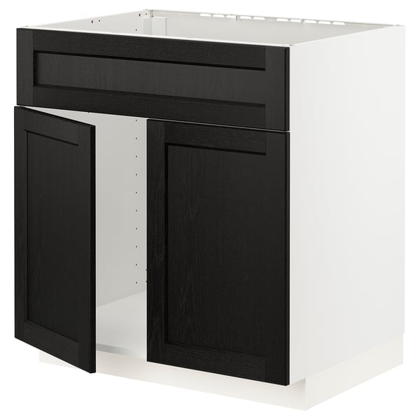 METOD Base cabinet f sink w 2 doors/front, white/Lerhyttan black stained, 80x60x80 cm