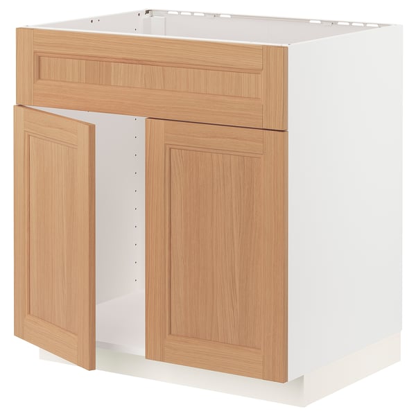 METOD Base cabinet f sink w 2 doors/front, white/Vedhamn oak, 80x60x80 cm