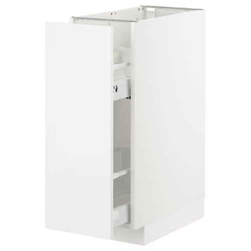 White METOD kitchen cabinet with glass shelves and pull-out drawer.