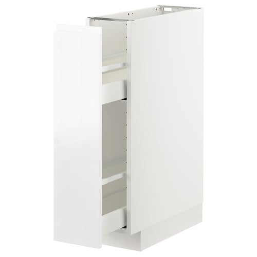 White METOD kitchen cabinet with open drawer; sleek, modern design.