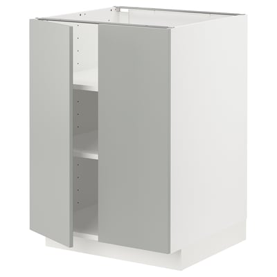 METOD light grey kitchen cabinet, modern clean design, rectangular shape with two opened doors.