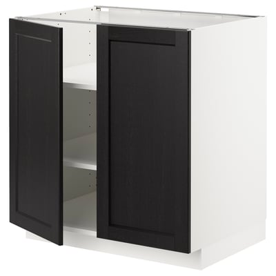 Modern kitchen cabinet, METOD. Black stained wooden doors, white base. Square, classic design.