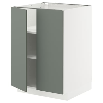 Modern white and teal kitchen cabinet with double doors.